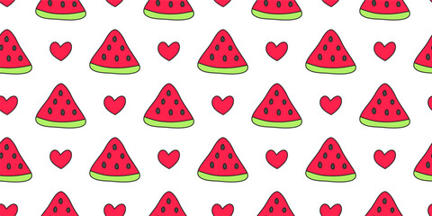 Seamless pattern with cute doodle colored watermelon slices and hearts.