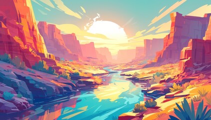 A colorful cartoon vector illustration of the Grand Canyon at sunset, with a river flowing through it and a large sun setting in the background.  - obrazy, fototapety, plakaty