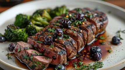 A sliced beef with a blueberry red wine reduction served with broccoli. Generative AI.