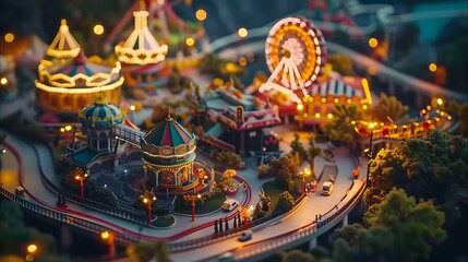 An aerial view of a sprawling amusement park with colorful rides - obrazy, fototapety, plakaty