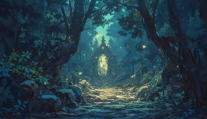 A dark forest path illuminated by fireflies, leading to an ethereal light at the end of it.  - obrazy, fototapety, plakaty