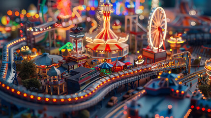 An aerial view of a sprawling amusement park with colorful rides - obrazy, fototapety, plakaty