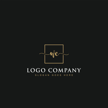 Initials signature letters WE linked inside minimalist luxurious square line box vector logo gold color designs for brand, identity, invitations, hotel, boutique, jewelry, photography or company signs