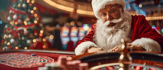 Santa Claus playing roulette in a Las Vegas casino during the Christmas holiday season. Concept Christmas, Las Vegas, Casino, Santa Claus, Roulette - obrazy, fototapety, plakaty