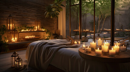 Create a warm candlelit ambiance in a relaxation area to authentically capture expressions during a spa facial
