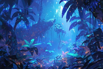 A dense jungle at night, with glowing plants and foliage creating an otherworldly atmosphere with neon pink light effects.