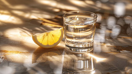 Glass of water with lemon in sunlight