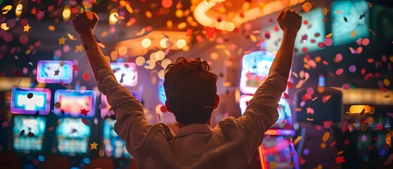 Fototapeta na wymiar Excited man winning at a slot machine in a festive casino atmosphere. Concept Casino Victory, Excitement, Gambling Fun, Festive Celebration, Slot Machine Win