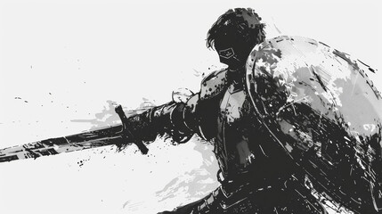 a man in armor with a sword that is hitting the shield and the shoulder shield - obrazy, fototapety, plakaty