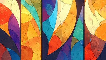 A digital art piece featuring an abstract background with vibrant colors, reminiscent of stained glass windows. 