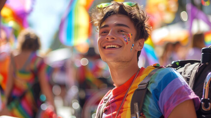 a young disabled man wearing a rainbow colored Shirt at a pride parade, celebrate pride month, love wins