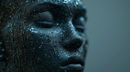 Stylized AI robot head and face  with a binary code matrix forming its facial features, set against a straightforward, subdued background