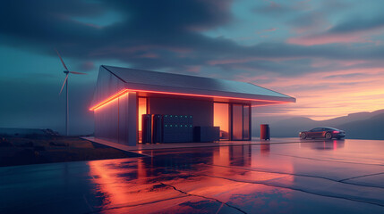 Fototapeta premium Photorealistic futuristic concept of renewable energy storage. Modern, aesthetic and efficient dark solar panel panels, a modular battery energy storage system and a wind turbine system.