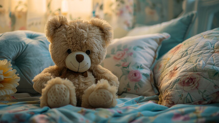 Teddy bear on a floral bed.