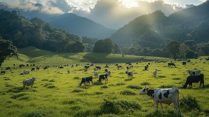 A traditional dairy farm with cows graze freely on lush pastures, producing rich, creamy milk. Generative AI. - obrazy, fototapety, plakaty