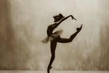 An elegant ballet dancer performing with poise and beauty in a sepia-toned artistic setting.