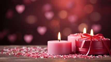 Romantic pink candles against a passionate background. Candles against bokeh lights background for clean Spa, valentine, wedding theme. Love and Peace.