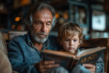 Un abuelo leyendo un libro a su pequeño nieto dentro de su casa.  - obrazy, fototapety, plakaty
