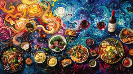 A vibrant advertisement for gourmet cuisine, brought to life with bold oil paints.