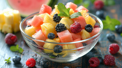 Glass bowl with mixed fruit salad