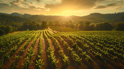 An aerial view of a sprawling vineyard bathed in golden sunlight