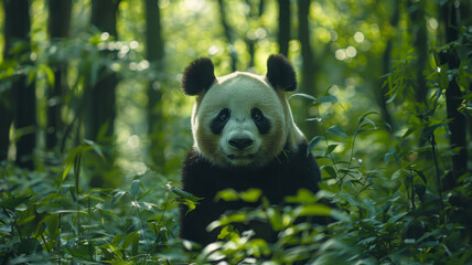 Obraz premium Giant panda sitting in a bamboo forest