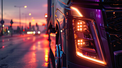 Close-up of a truck on the highway at dusk - obrazy, fototapety, plakaty