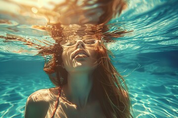 A Moment of Calm: Girl Finding Peace and Relaxation Underwater. Mental Wellness Concept