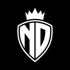 ND Letter monogram shield and crown outline shape with black and white color design