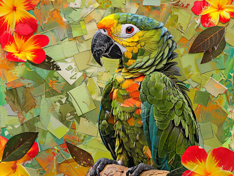 collage di fiori e foglie e  pappagalli in stile retrò per creare un'immagine di grande effetto,carta da parati, quadro , pappagallo in primo piano, uso di diversi materiali e tecniche