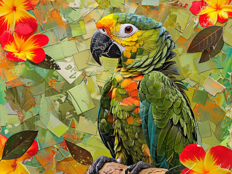 collage di fiori e foglie e  pappagalli in stile retr&ograve; per creare un'immagine di grande effetto,carta da parati, quadro , pappagallo in primo piano, uso di diversi materiali e tecniche
