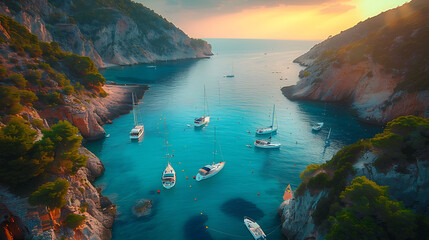 An aerial view of a tranquil bay dotted with sailboats and yachts