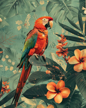 collage di fiori e foglie e  pappagalli in stile retr&ograve; per creare un'immagine di grande effetto,carta da parati, quadro , pappagallo in primo piano, uso di diversi materiali e tecniche