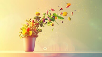 a twister of different nutrients, vitamins and greens coming out of a small shaker, concept of healthy nutrition, lifestyle, light colours, yellow spectrum