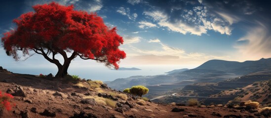 A striking red tree stands alone on a hill, overseeing a meandering road in the distance - Powered by Adobe