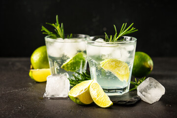 Gin tonic with gin, tonic, ice cubes, lime and rosemary.