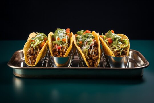 Exquisite tacos on a metal tray against a painted acrylic background