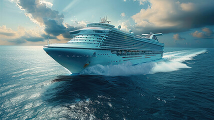 A cruise ship so at full speed that it flies over the ocean. Generative AI.