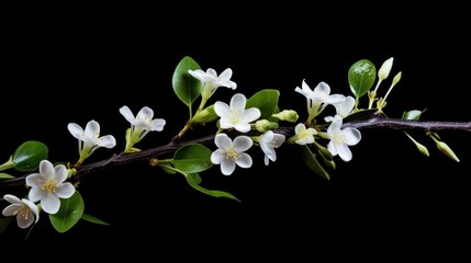 Jasmine branch with blooming white flowers isolated on a black background. AI generated