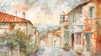 Cityscape with watercolor paints. Street in the old town watercolor