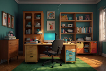 A cartoon illustration of a room with a desk and computer in the middle, featuring a chair and shelves filled with books, along with several paintings on the wall