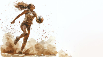 Brown watercolor painting of Volleyball player in action