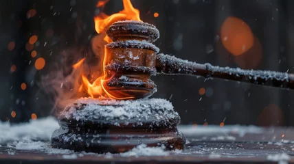 Fotobehang Icy gavel ablaze on a snow-flecked wooden surface - A wooden gavel simultaneously frozen and on fire, set against a snowy surface, portraying legal extremities © Mickey