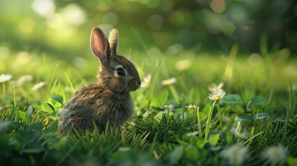 Naklejka na ściany i meble Baby rabbit in a lush green field - Adorable bunny amidst vibrant greenery, encapsulating the essence of spring