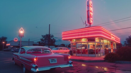 Hyperrealistic evening scene of retro diner with 1950s cars, neon sign, and vibrant colors