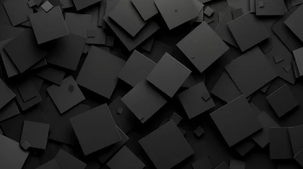 Fotobehang Black geometric shapes on a dark background - An abstract array of various sized 3D black geometric shapes creating a modern, dynamic pattern on a dark backdrop © Mickey
