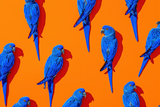 Group of majestic blue parrots with spread wings perched on vibrant orange background in tropical setting