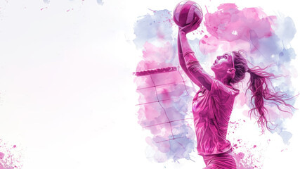 Pink watercolor painting of Volleyball player in action