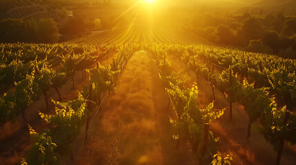 An aerial view of a tranquil vineyard at sunset, with rows of grapevines bathed in golden light