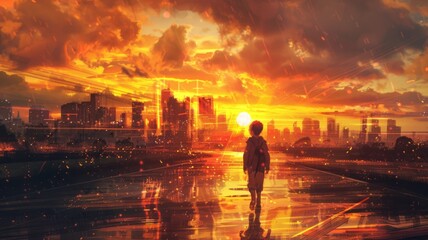 Child walking in surreal sunset cityscape - An imaginative depiction of a city drenched in golden sunset hues with a child's silhouette at the center